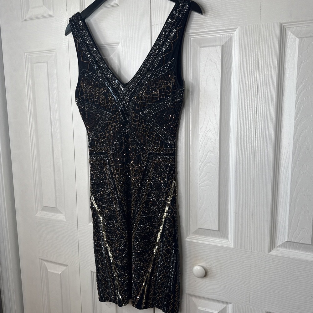 Hale Bob Beaded Sequin Dress Black Geometric Art Deco V-Neck Cocktail Medium M - Picture 6 of 15